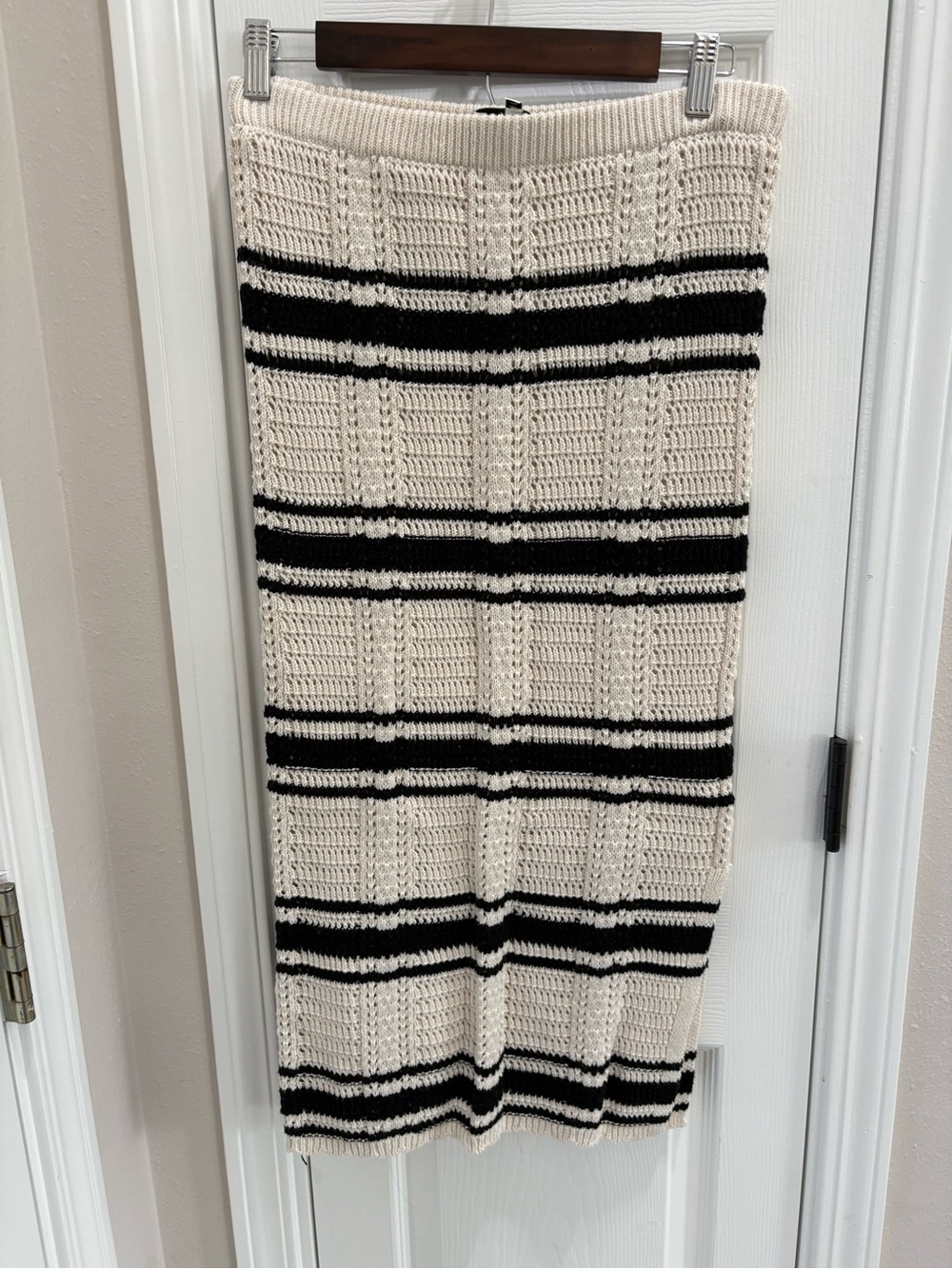 Striped Cream & Black Knit Midi Skirt
